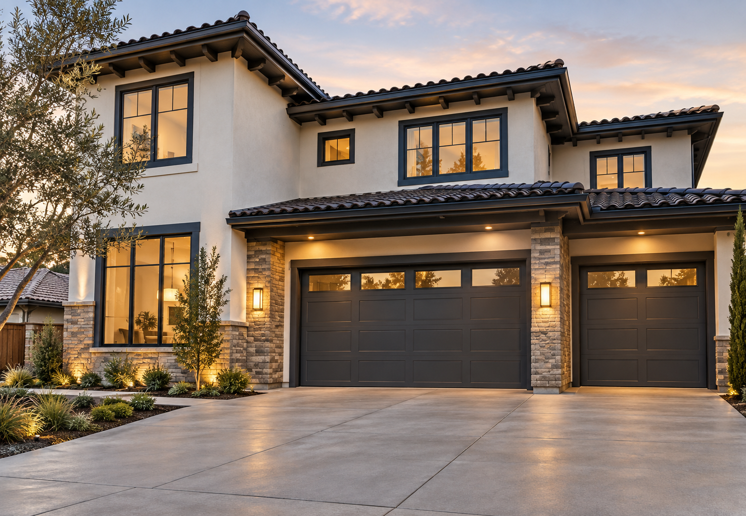 Modern two-story stucco house with a three-car garage at dusk