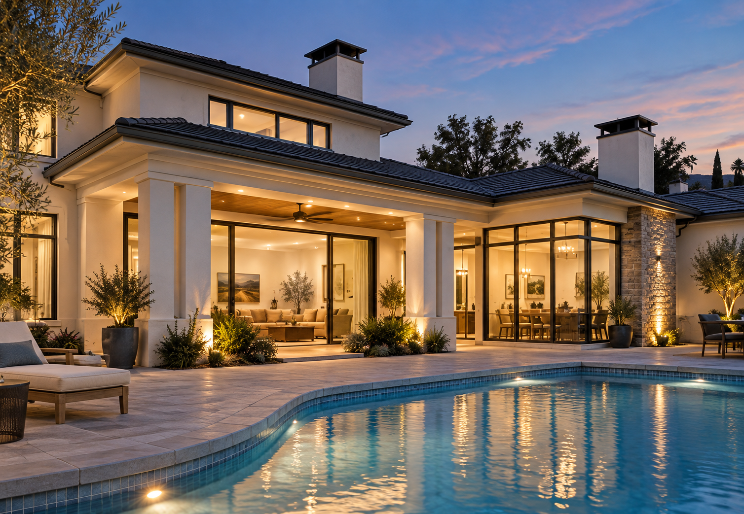 Luxury modern house with lit windows and patio beside a swimming pool at dusk