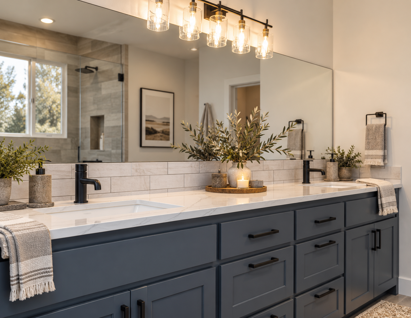 Modern bathroom with navy vanity, white countertop, large mirror, and brass light fixtures