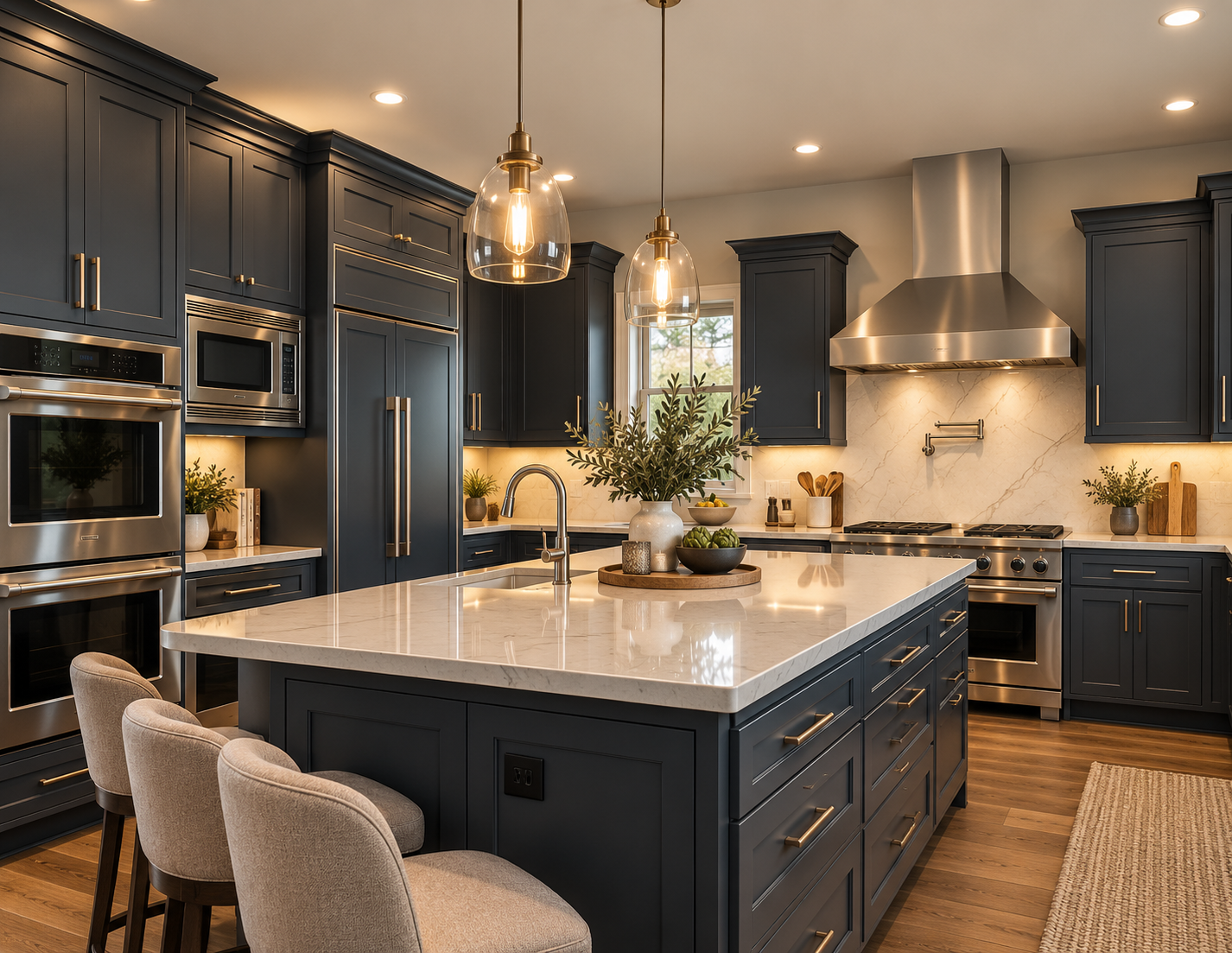 Modern kitchen with dark cabinets, large island, pendant lights, and stainless steel appliances
