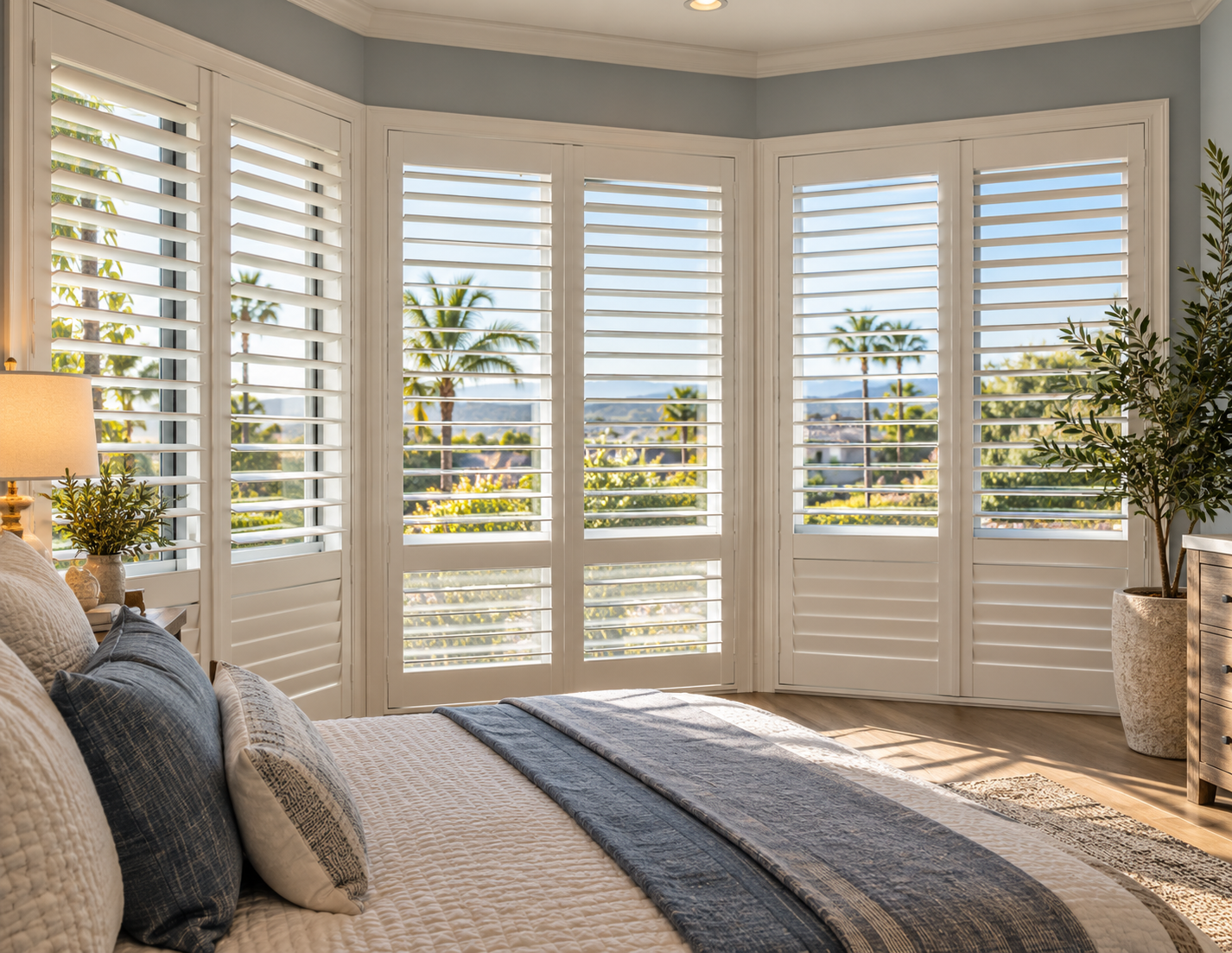 Bright bedroom with white plantation shutters and ocean view, bed in foreground, sunlight streaming in