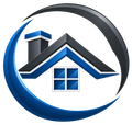 Blue and gray house logo inside a circular swoosh