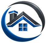 Blue and gray house logo inside a circular swoosh