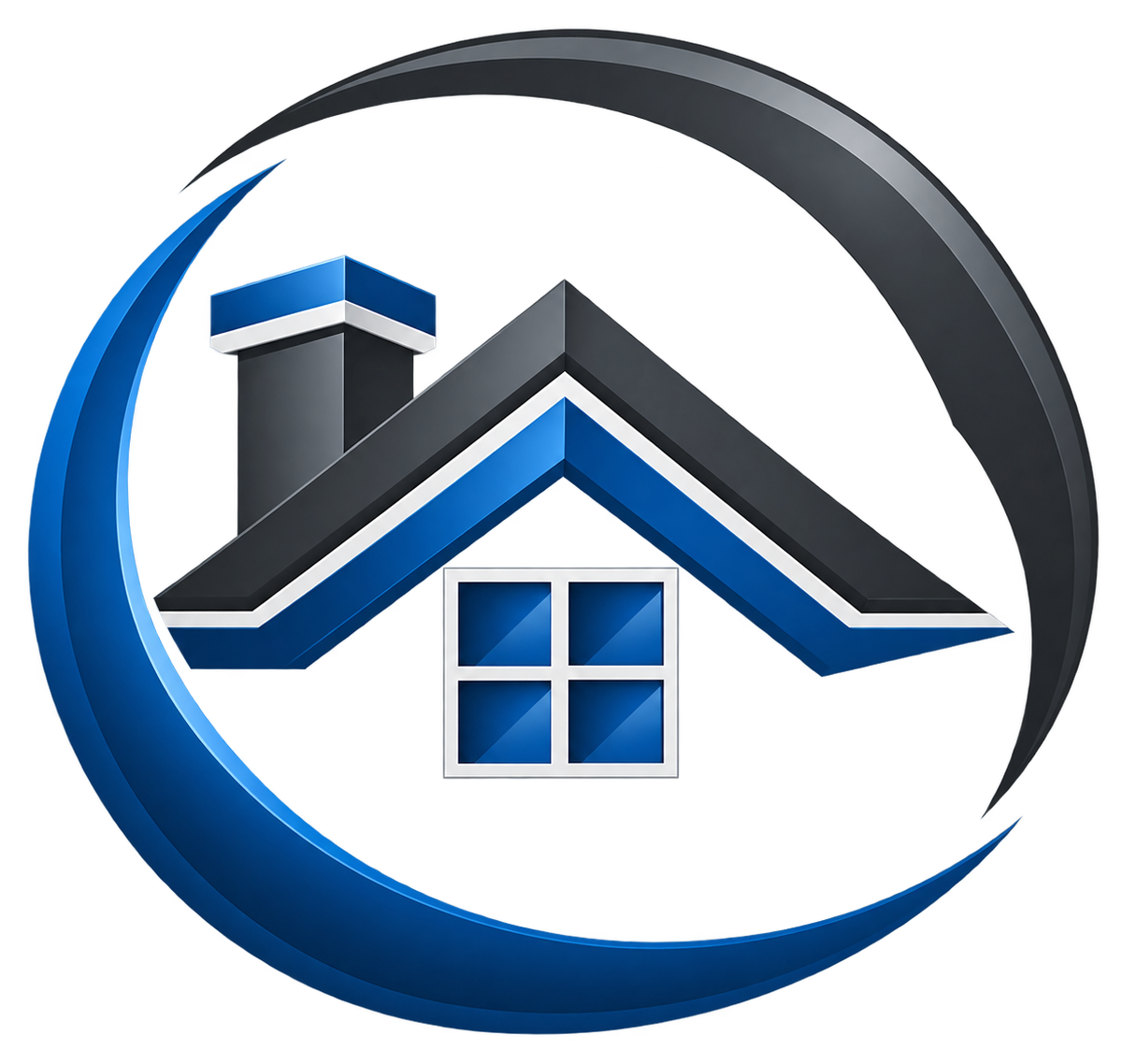 Blue and gray house logo inside a circular swoosh