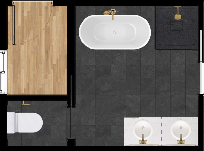 Bathroom floor plan: black tiles, white bathtub, shower, toilet, double vanity. Gold fixtures.