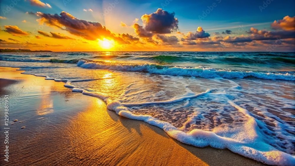 Sunset over a sandy beach with waves washing ashore and golden clouds reflecting on wet sand
