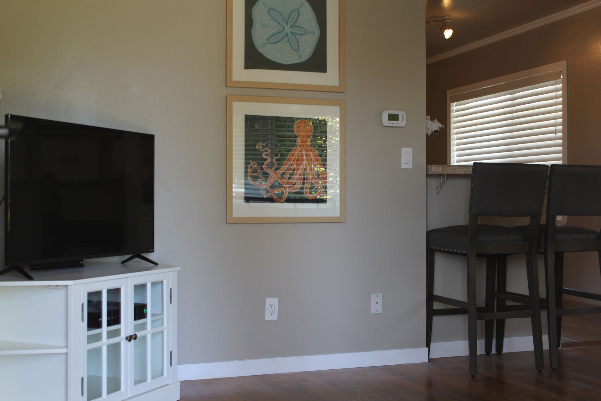 Living room with TV on white stand, framed art on wall, and dining table by window blinds