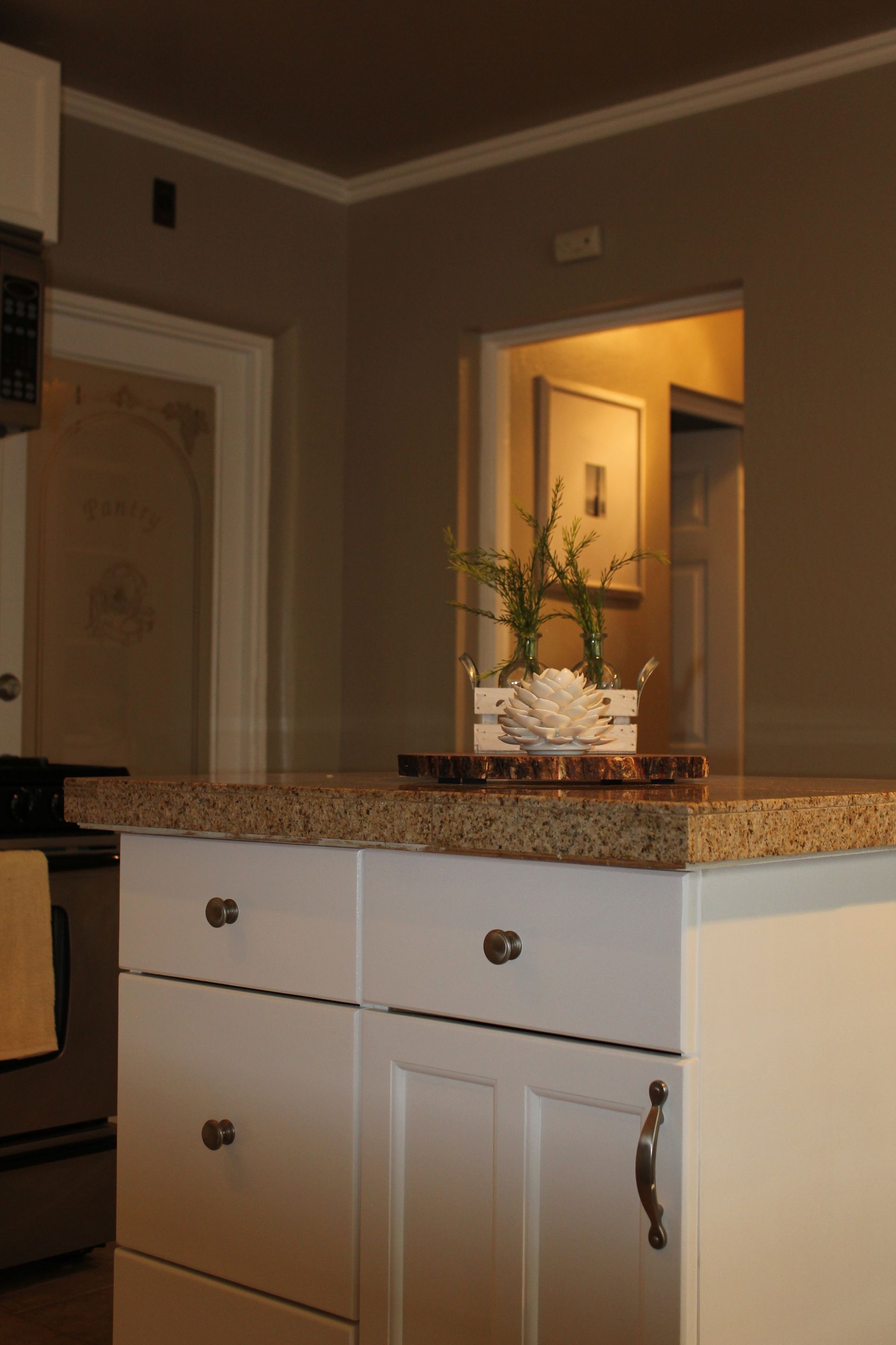 Kitchen island with granite countertop and a small plant, viewed from a dim hallway.