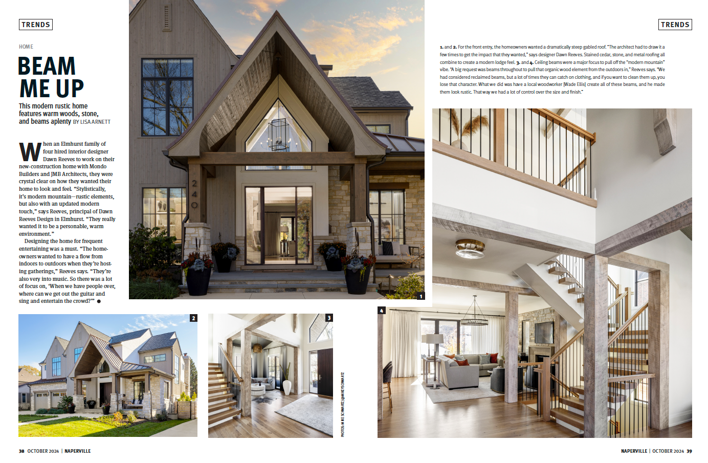 Magazine spread of a modern A-frame house with bright, vaulted interiors and exterior views