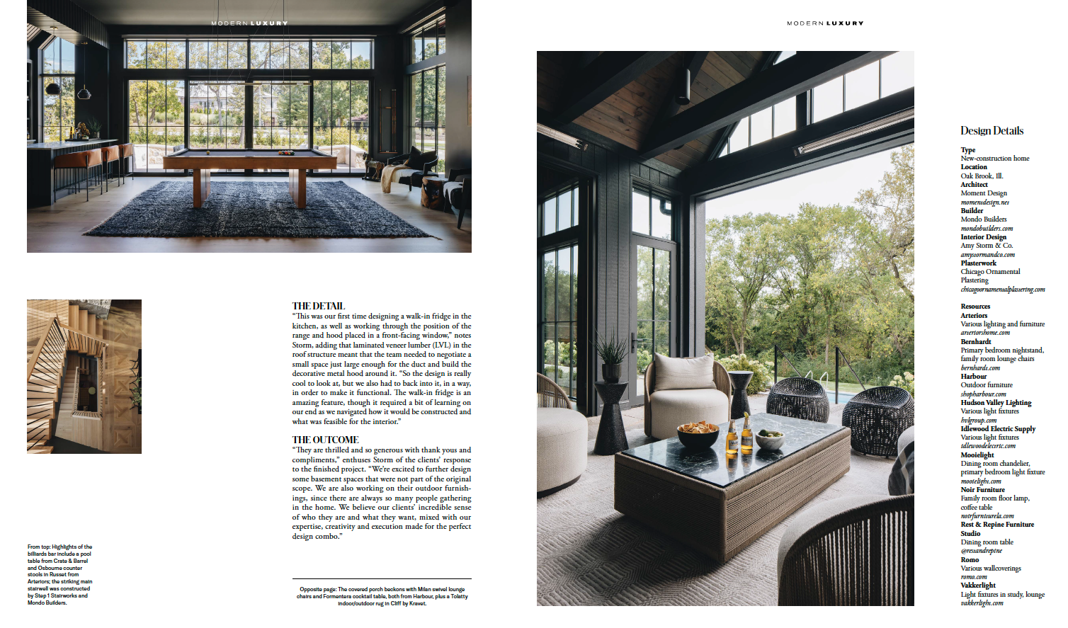 Interior design spread showing a modern lounge with large windows, dark wood trim, and wicker seating with blue cushions.