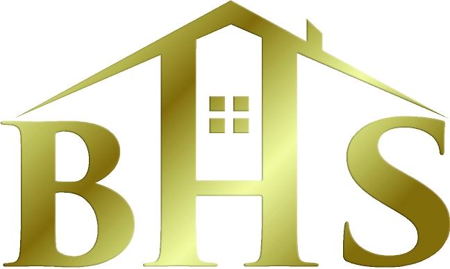 Gold "BHS" logo where the "H" doubles as a house silhouette with a four-pane window, set against a plain background.