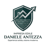 Logo verde e grigio di Impresa Edile Daniele Antezza con scudo, muratura e freccia verso l’alto.