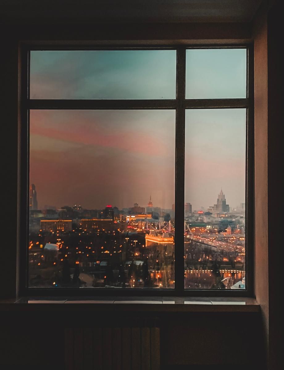 Window view of a green meadow and trees, framed by a dark interior room