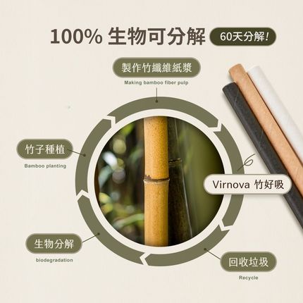 Virnova 竹好吸竹纖維紙吸管生物可分解循環示意圖，從竹子種植到使用後分解