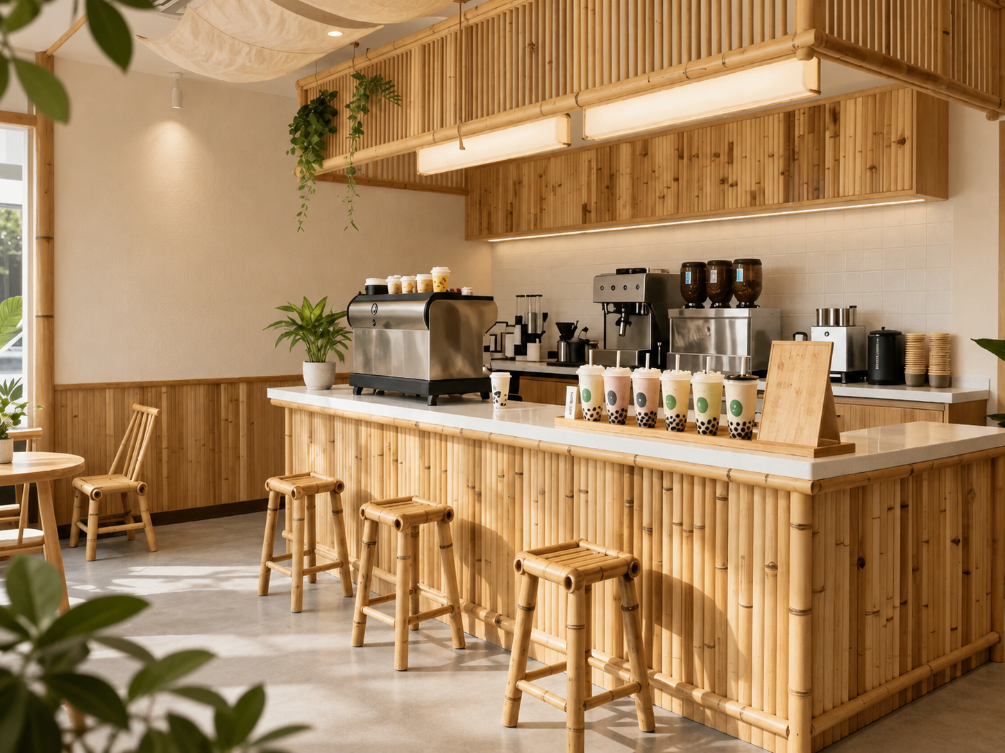 以竹材元素打造的現代環保飲料店內部空間，包含吧台、高腳椅、飲品展示與綠色植栽，整體呈現自然、溫暖且永續的店面氛圍。