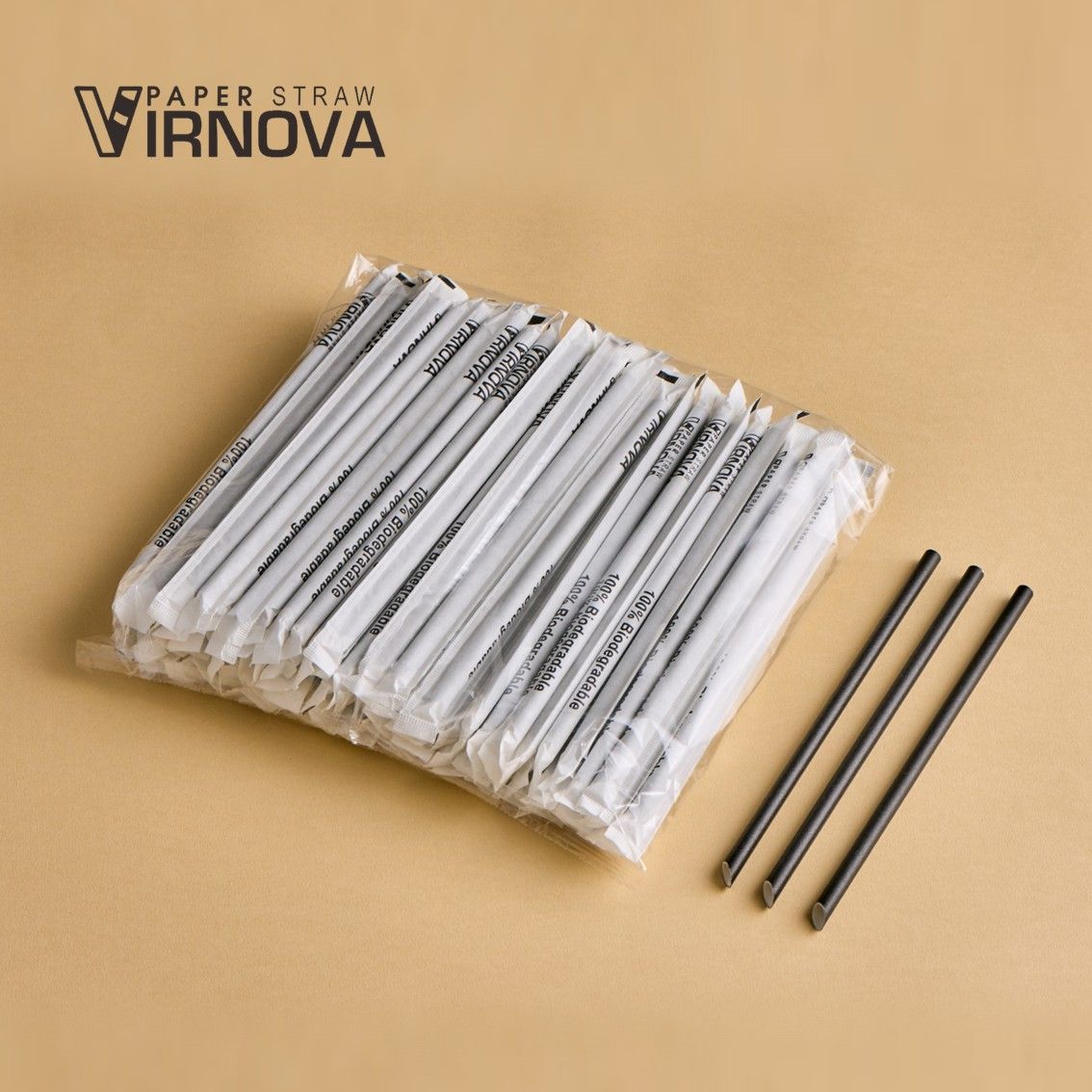 Virnova 竹好吸 8x220mm 黑色斜口獨立紙包竹纖維紙吸管商品展示圖