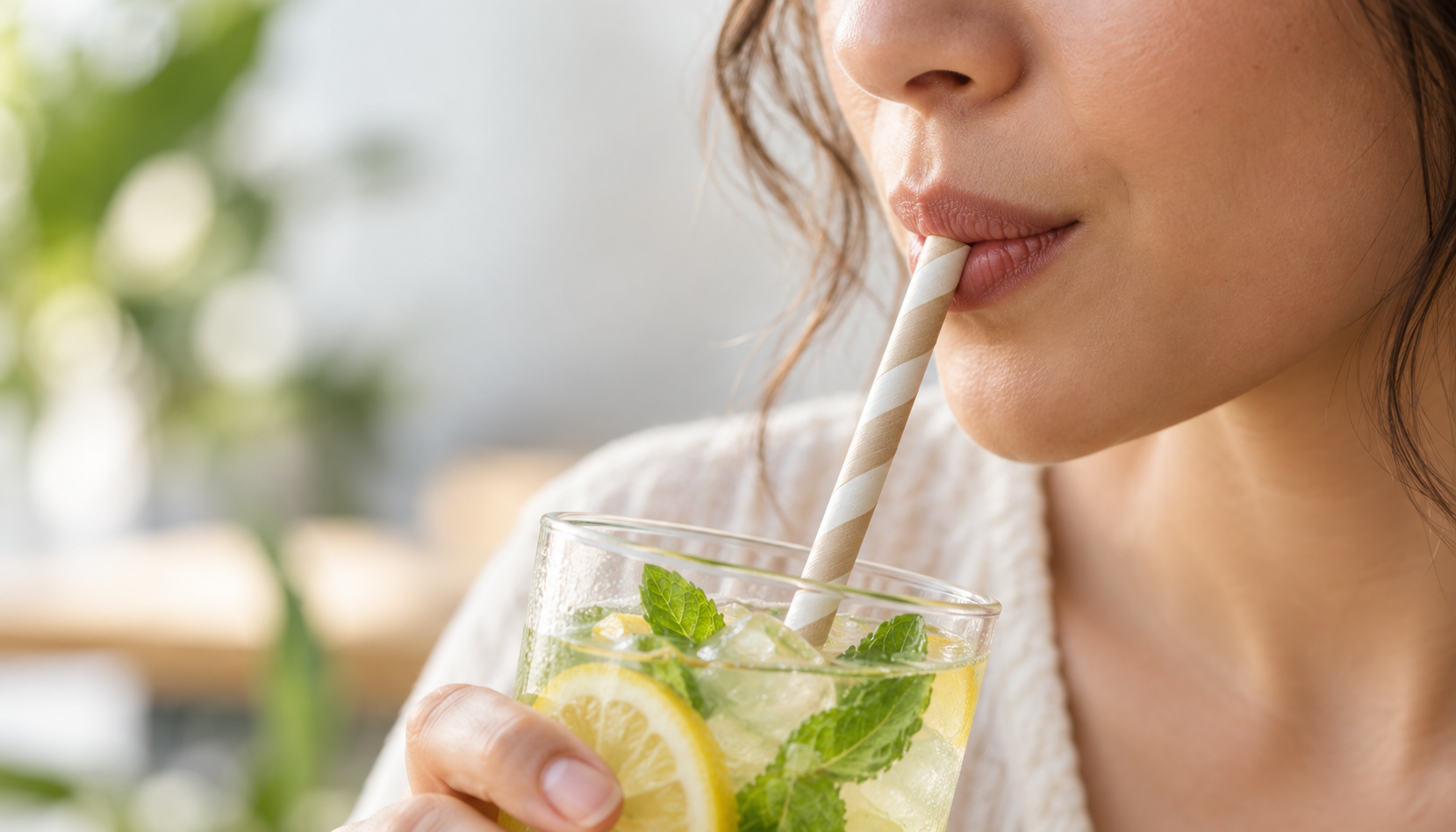 紙吸管飲用情境封面圖,特寫使用竹纖維紙吸管喝冰飲時的鼻子與嘴部,呈現紙吸管是否影響飲品風味與氣味的主題