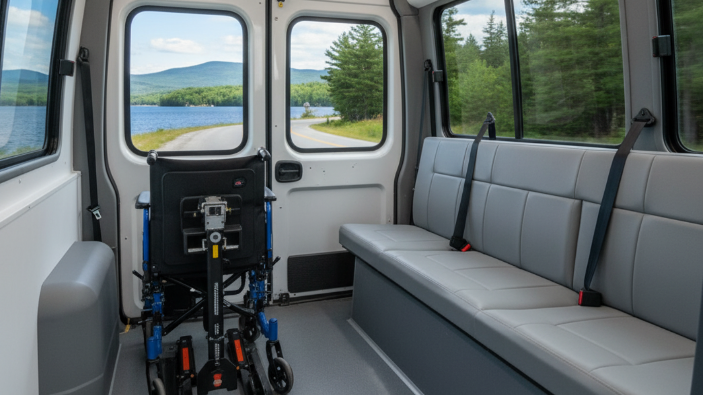 Interior of an accessible van featuring a folded wheelchair parked beside a grey bench seat with seatbelts, near a lake.
