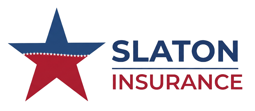 Slaton Insurance logo with red and blue star graphic and text