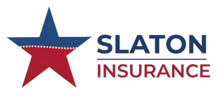 Slaton Insurance logo with red and blue star graphic and text