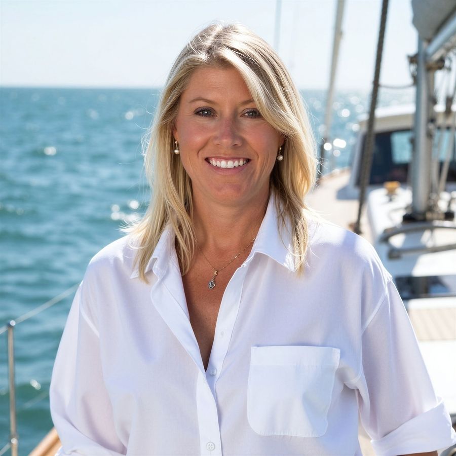 Smiling blonde woman in a white shirt standing on a boat with the ocean behind her