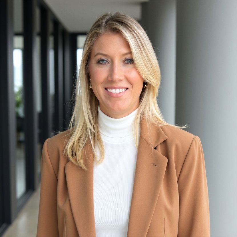 Smiling person in a tan blazer and white turtleneck standing in a modern hallway