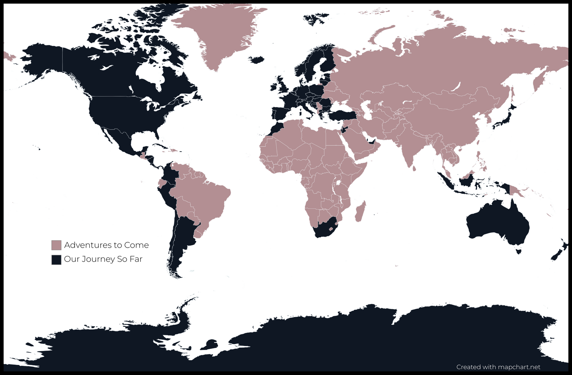 A map of the world showing where we have been.