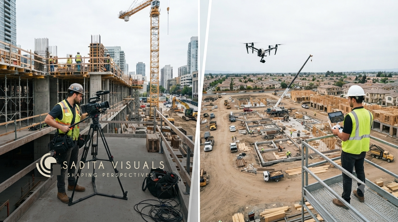 Construction workers on a high-rise site, with a drone surveying the sandy construction area below.