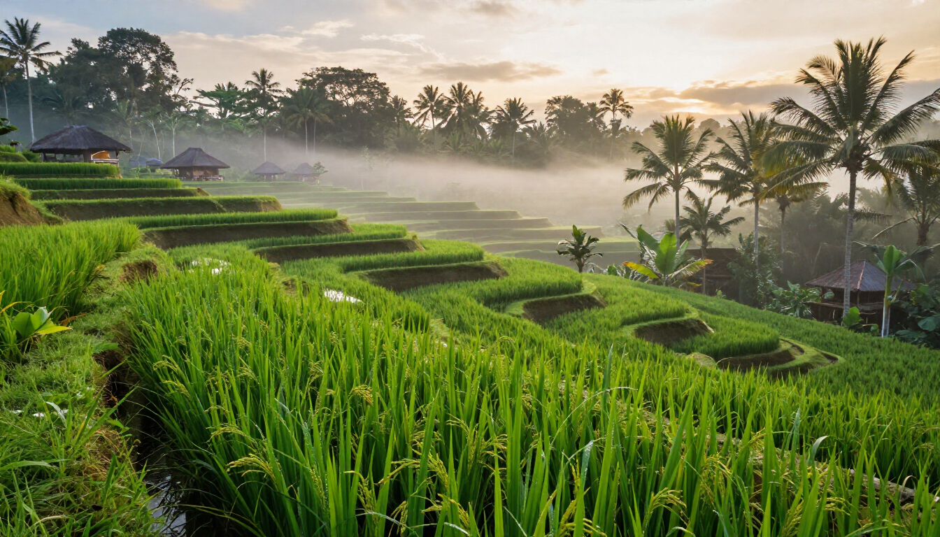 Lush green terraced rice fields at sunrise with palm trees and misty hills