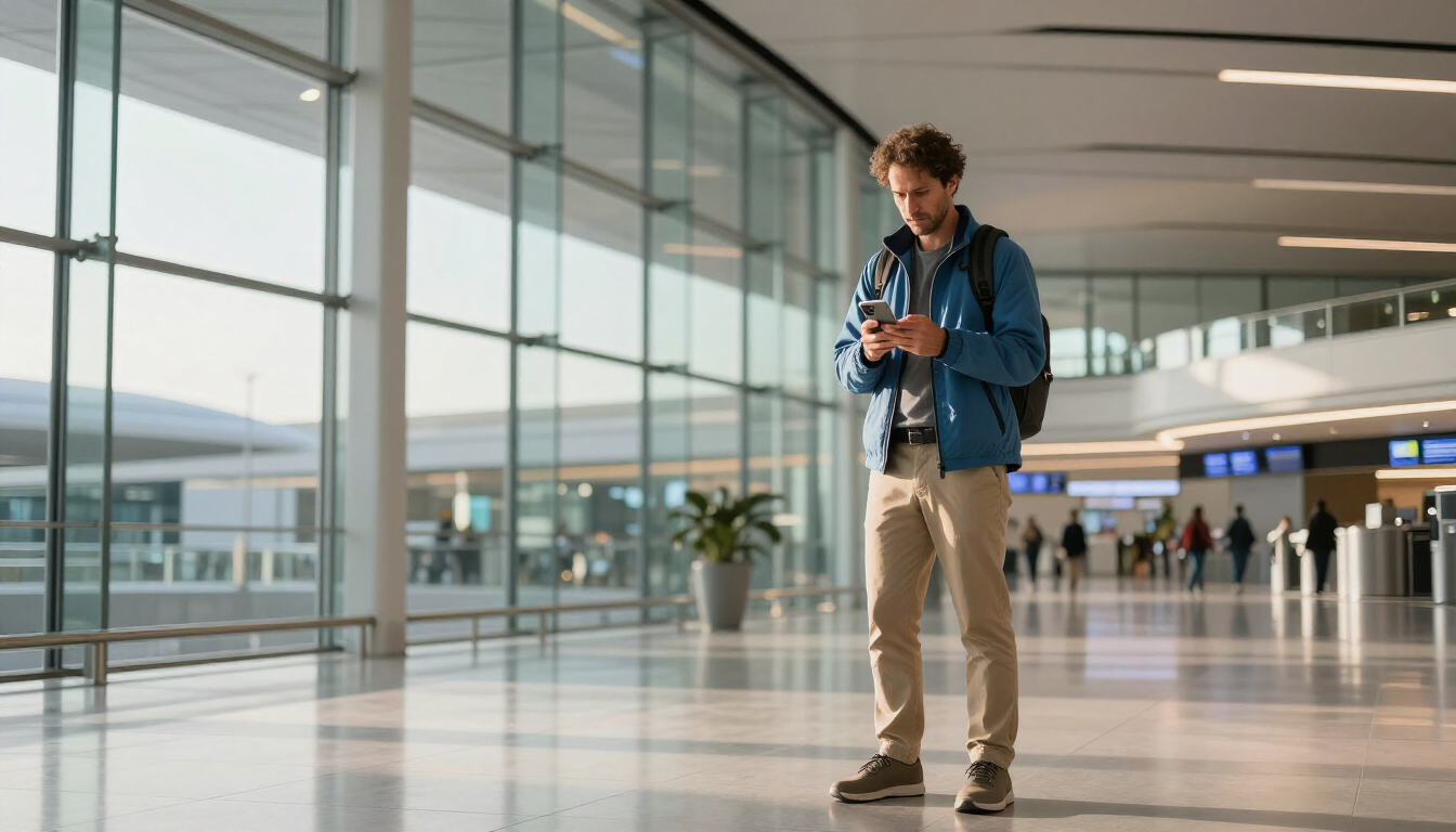 Traveler using smartphone in futuristic terminal