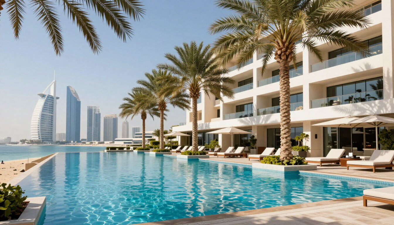 A happy family enjoying a sunny beach day in Dubai with the skyline in the background.