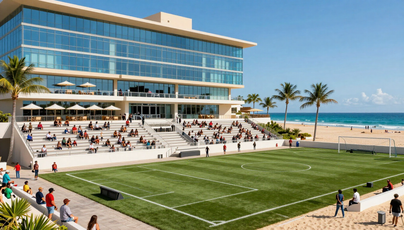 Football on a Mexican beach at sunset with luxury resort in background