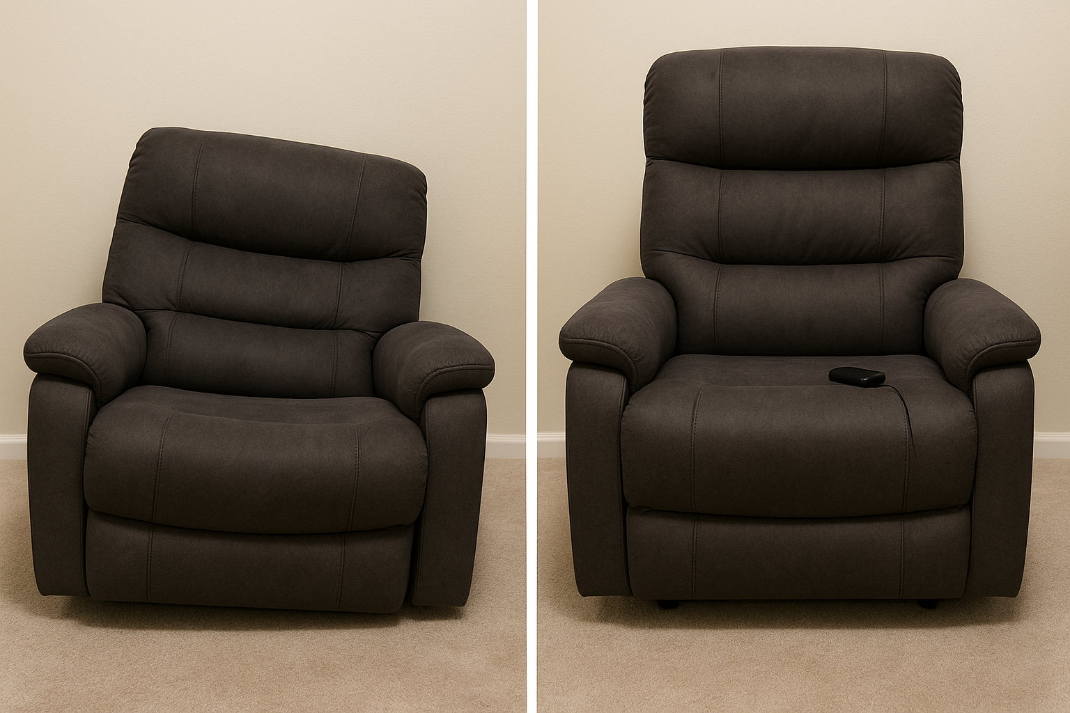 Two pictures of a recliner with a remote control on it.