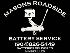 Mason's Roadside & Battery Service logo: battery over a jack, phone number, text "batteries delivered & installed."