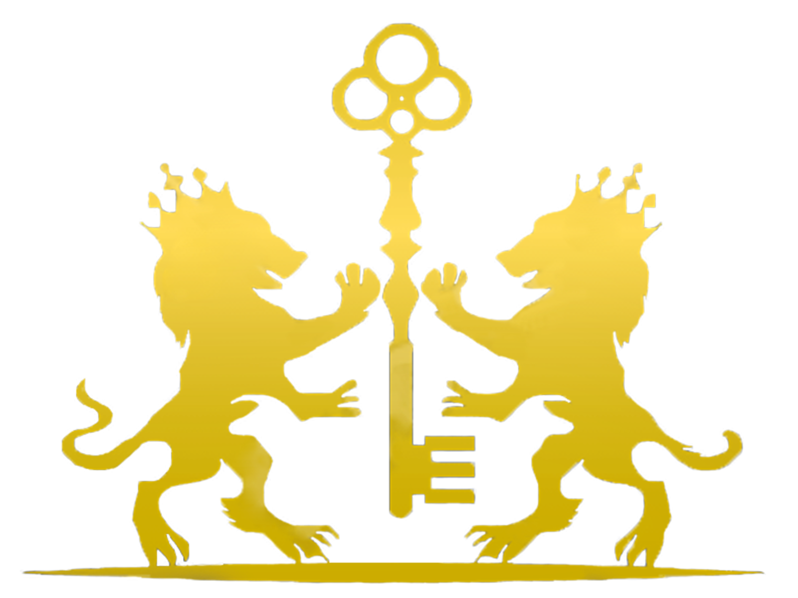 Golden lions flanking a key, all against a white background. Lions wear crowns and hold the key.