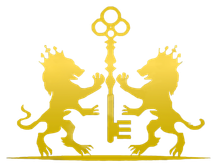 Golden lions flanking a key, all against a white background. Lions wear crowns and hold the key.