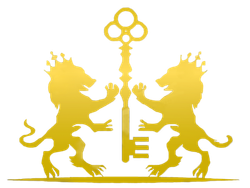 Golden lions flanking a key, all against a white background. Lions wear crowns and hold the key.