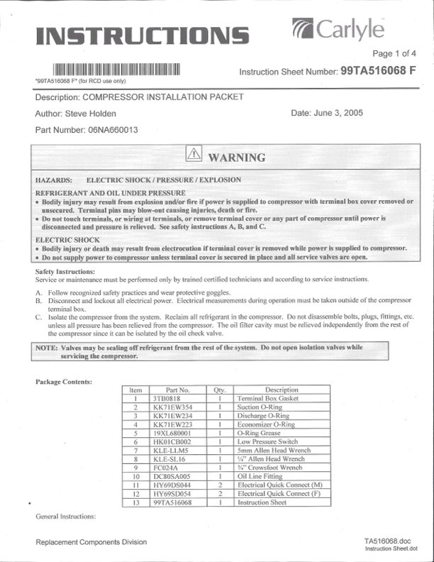 Printed instructions page with Carlyle logo and a warning box at the top.