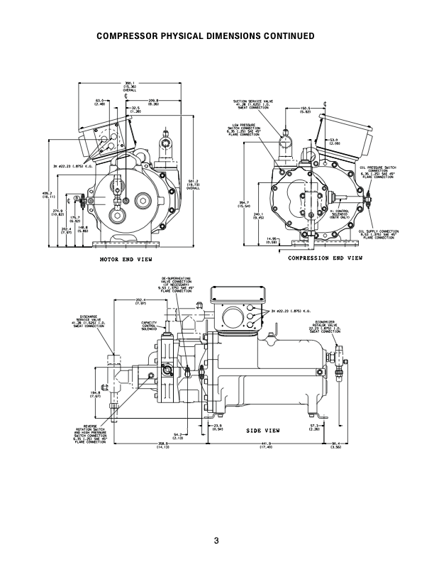 Technical blueprint of a compressor assembly with multiple dimensioned engineering views