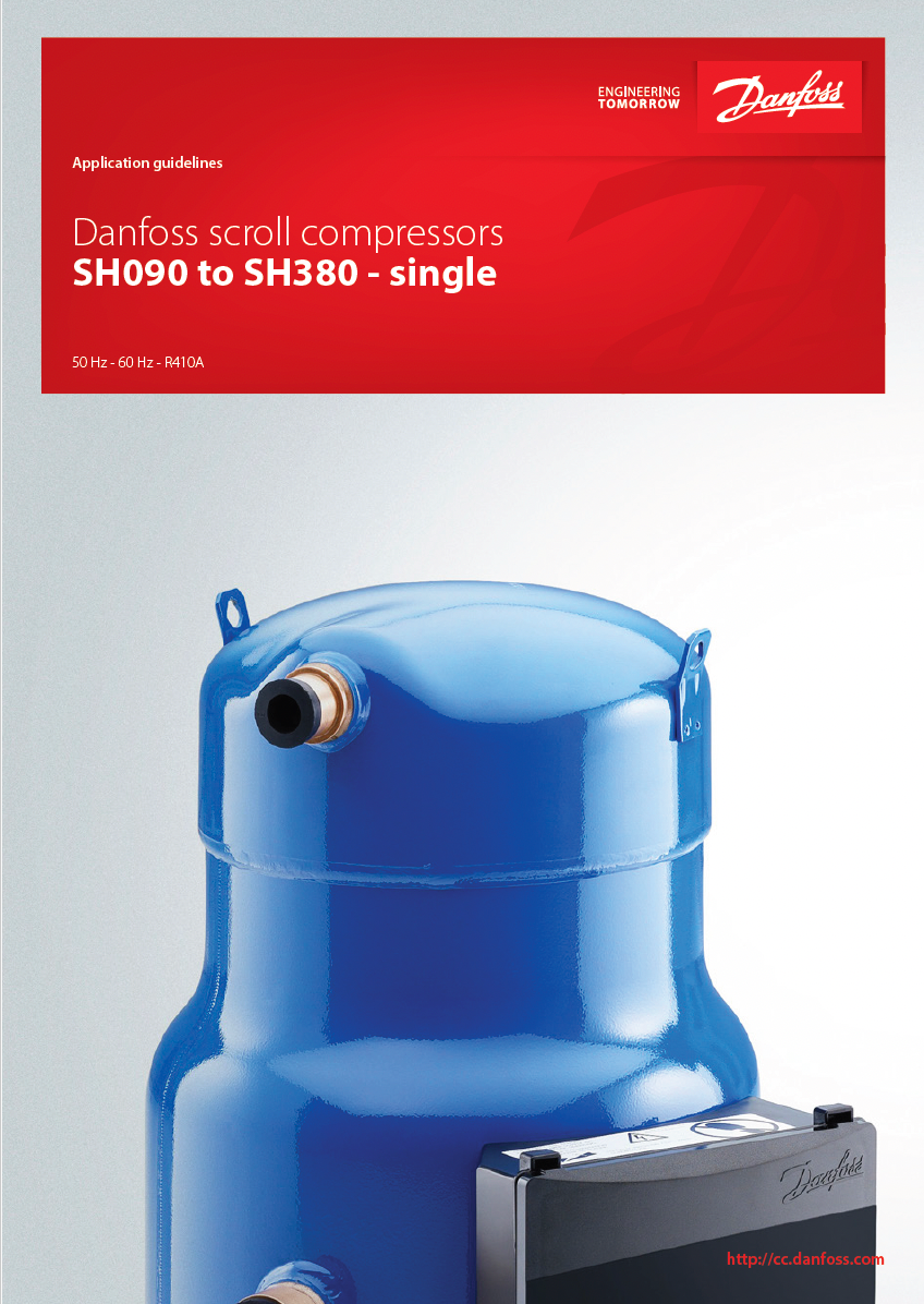 Blue Danfoss compressor with red product label and logo at top
