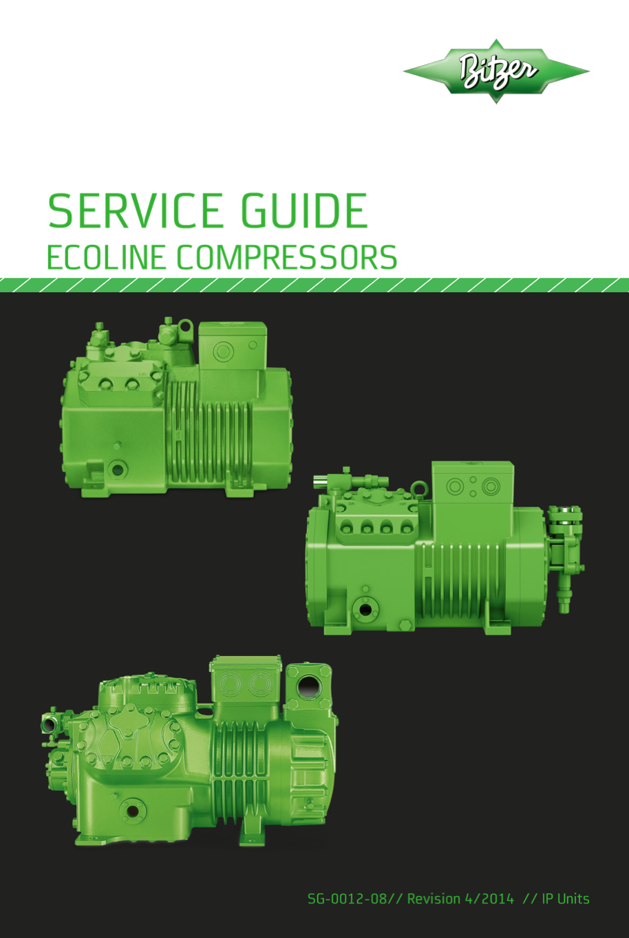 Green service guide cover for Ecoline compressors with three compressor illustrations on a dark background