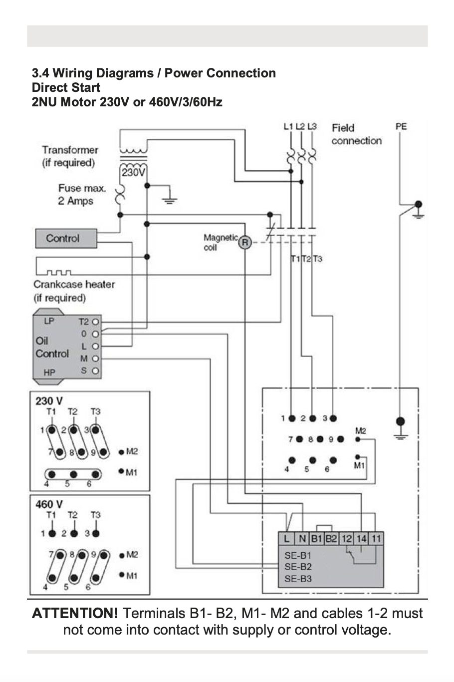Wiring diagram for 3-phase motor power connection with labeled terminals and red/black lines