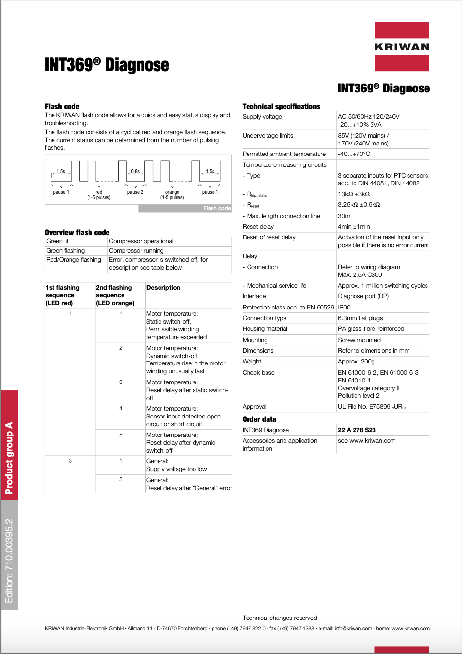 Technical product spec sheet with two columns, diagrams, and red branding on a white background