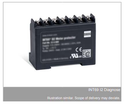 Black electrical module with terminal screws and printed label on a white background