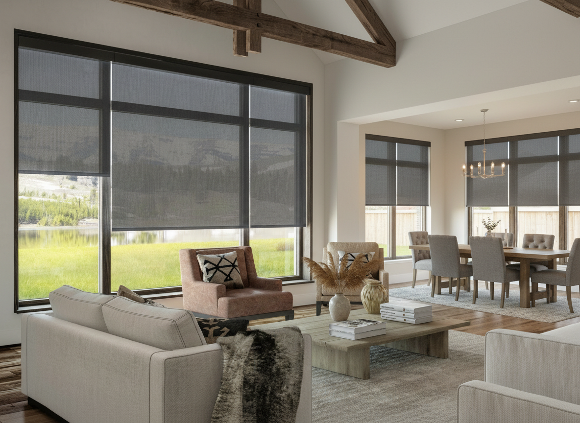 A large living room with an attached dining room have vaulted ceilings and roller shades on the windows