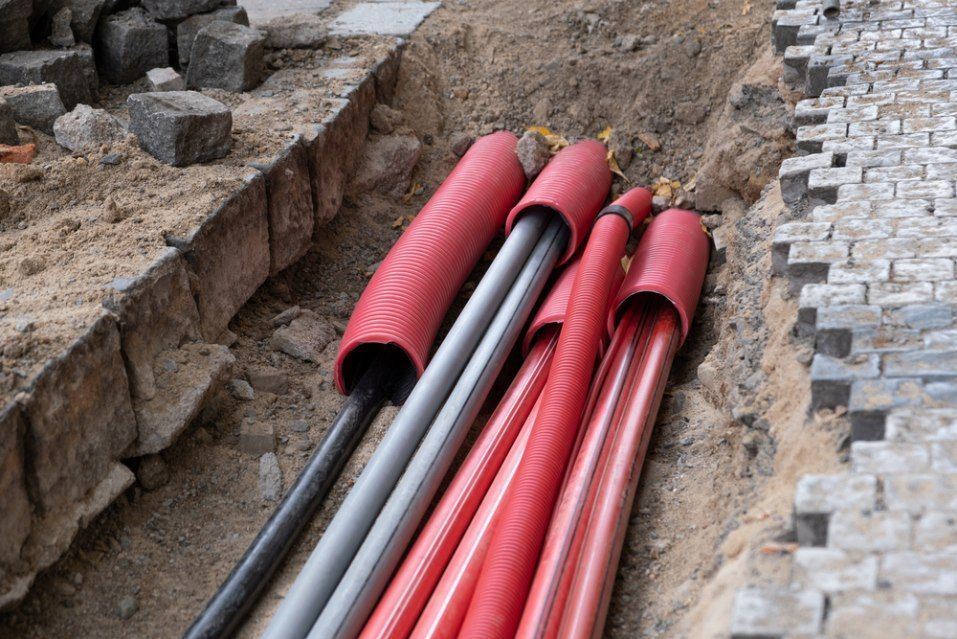 Trench With Electrical Conduit. Red And Gray Tubes Lie In A Dirt Trench — Aliance Group in Grafton, NSW