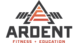 Logo for Ardent Fitness + Education, featuring a stylized letter A incorporating a barbell design in gray and orange.