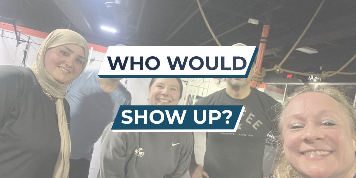 Two smiling people in a dim setting with text reading “WHO WOULD SHOW UP?”