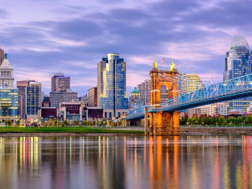 A bridge over a body of water with a city skyline in the background.