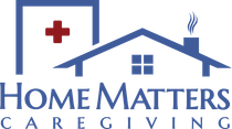 The logo for home matters caregiving shows a house with a red cross on the roof.